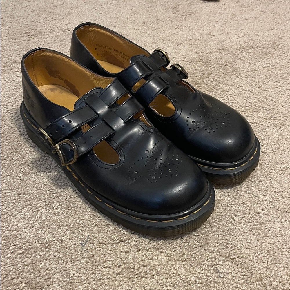 Dr. Martens Made in England Black Leather Double Buckle T-Strap Mary Janes